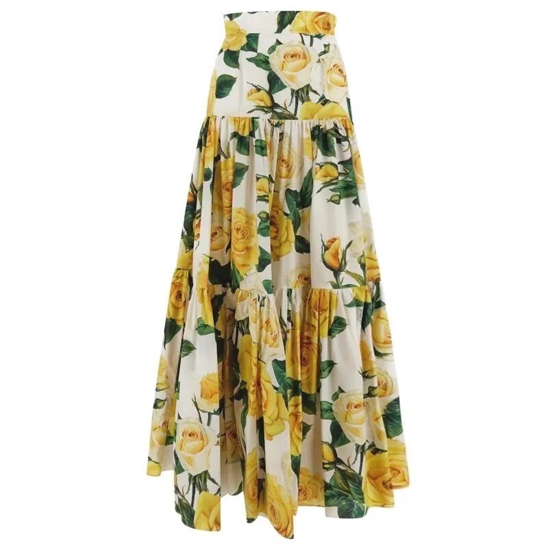 13 SUMMER 2024 Handmade Italian designer Yellow Roses print layered cotton skirt, Sicily dress, Dolce vita dress