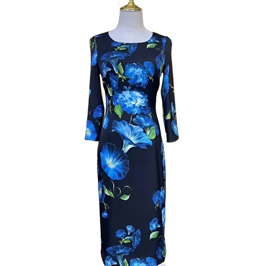 Handmade Black & Blue flowers Print 3/4 sleeve dress