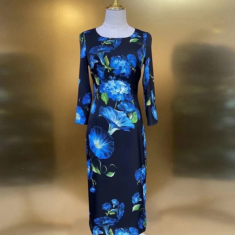 31 Handmade Black & Blue flowers Print 3/4 sleeve dress, Porcelain Sicilian Dress, Italian Summer Dress, Dolce Vita Style, Wedding guest