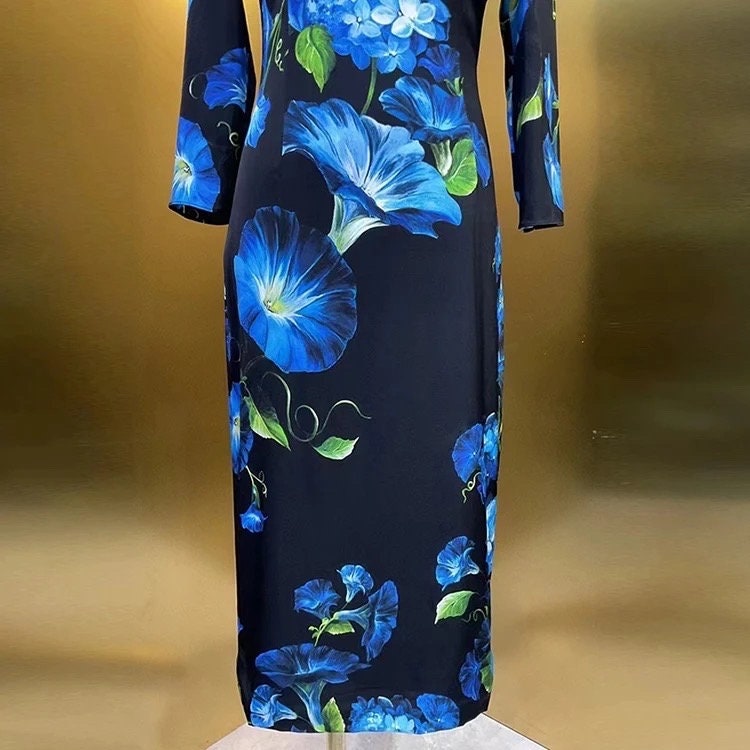 31 Handmade Black & Blue flowers Print 3/4 sleeve dress, Porcelain Sicilian Dress, Italian Summer Dress, Dolce Vita Style, Wedding guest