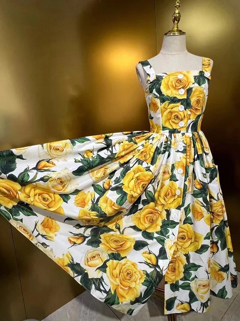 39 SUMMER 2024 Handmade Italian designer Yellow Roses print sleeveless cotton dress, Sicily dress, Tiles Porcelain print dress