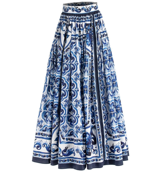 Handmade Italian designer Blue & White Majolica print cotton skirt