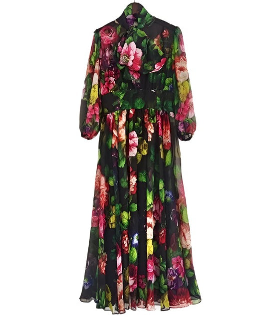 Handmade Italian chiffon fabric (floral print) 3/4 sleeve dress