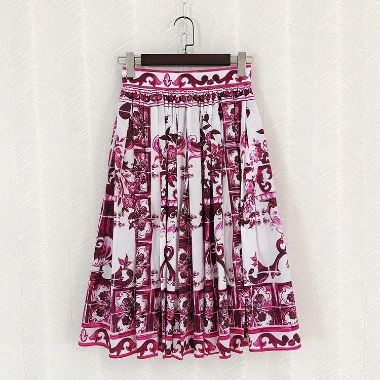 90 Handmade Italian designer Pink & White Majolica midi cotton skirt w/pockets