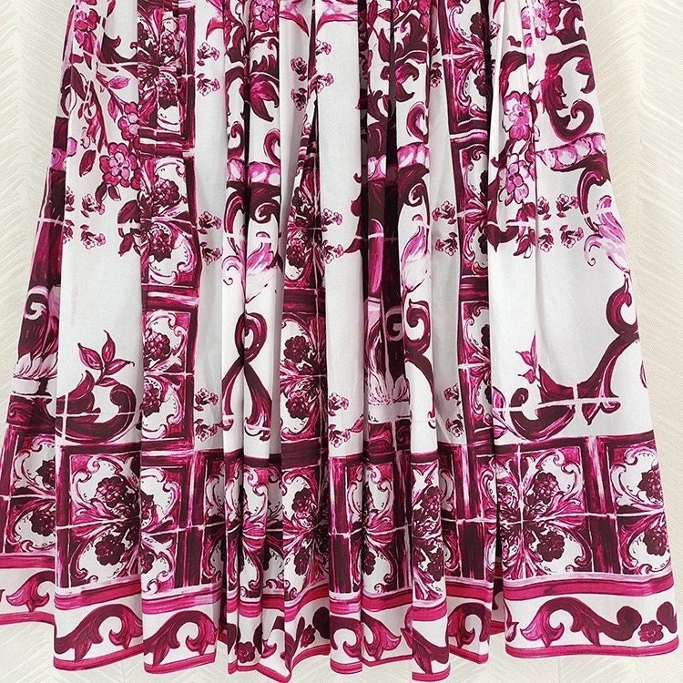 90 Handmade Italian designer Pink & White Majolica midi cotton skirt w/pockets