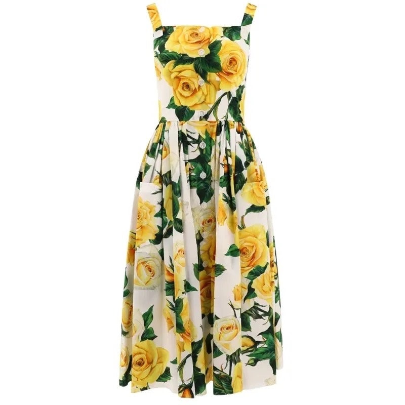 39 SUMMER 2024 Handmade Italian designer Yellow Roses print sleeveless cotton dress, Sicily dress, Tiles Porcelain print dress