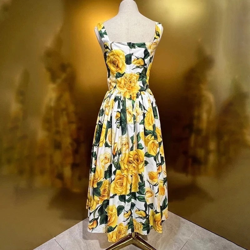 39 SUMMER 2024 Handmade Italian designer Yellow Roses print sleeveless cotton dress, Sicily dress, Tiles Porcelain print dress