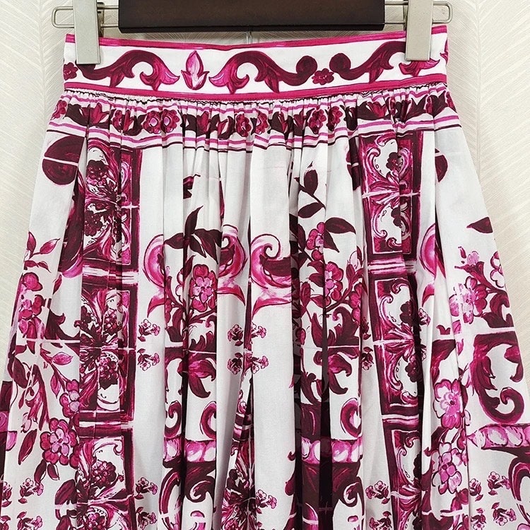 90 Handmade Italian designer Pink & White Majolica midi cotton skirt w/pockets