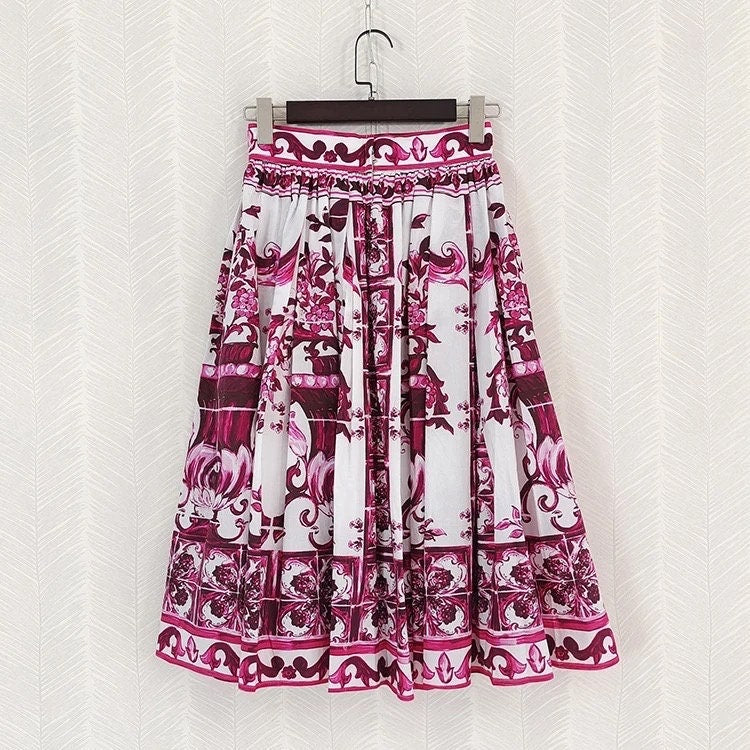 90 Handmade Italian designer Pink & White Majolica midi cotton skirt w/pockets