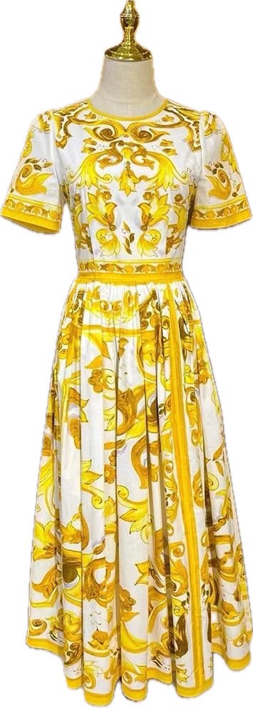 80 Handmade Italian designer Majolica print short sleeve cotton dress, yellow / white