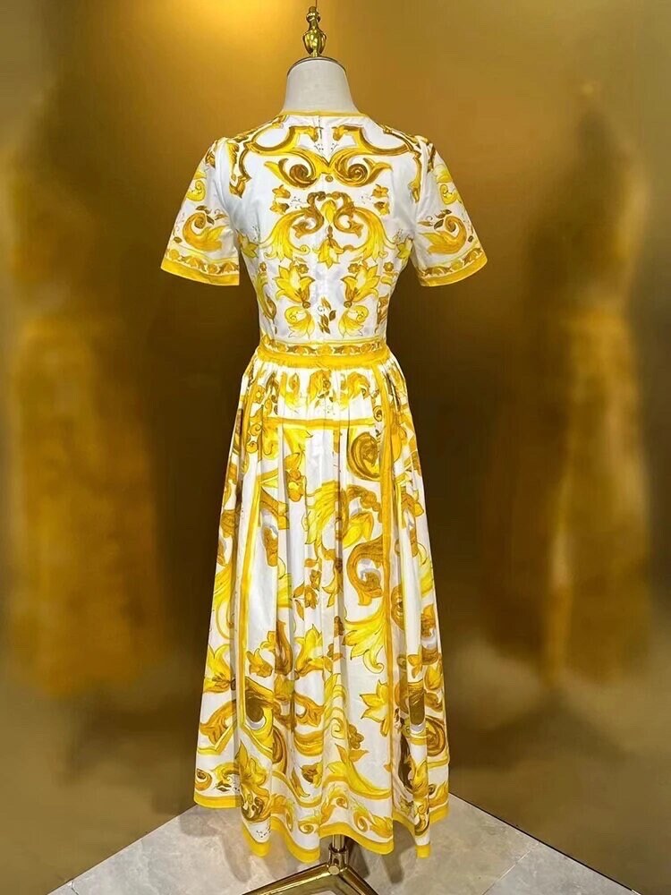 80 Handmade Italian designer Majolica print short sleeve cotton dress, yellow / white