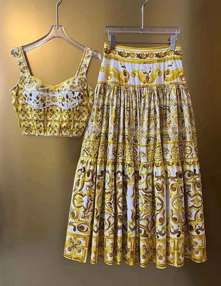 35 Handmade Italian designer Majolica print cotton skirt, yellow