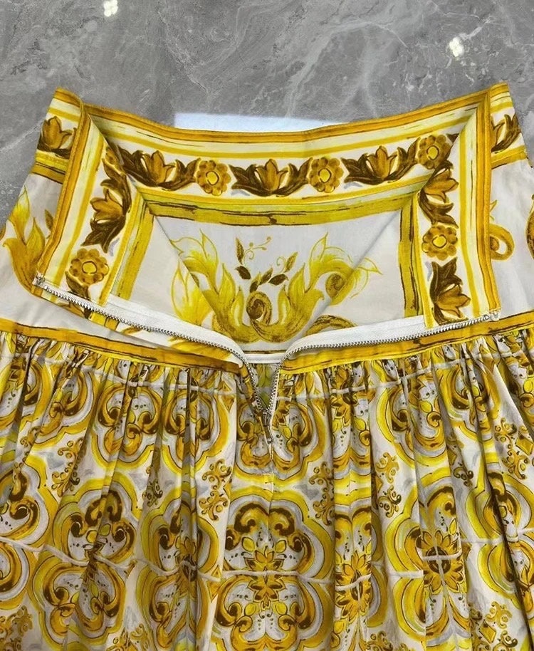 35 Handmade Italian designer Majolica print cotton skirt, yellow