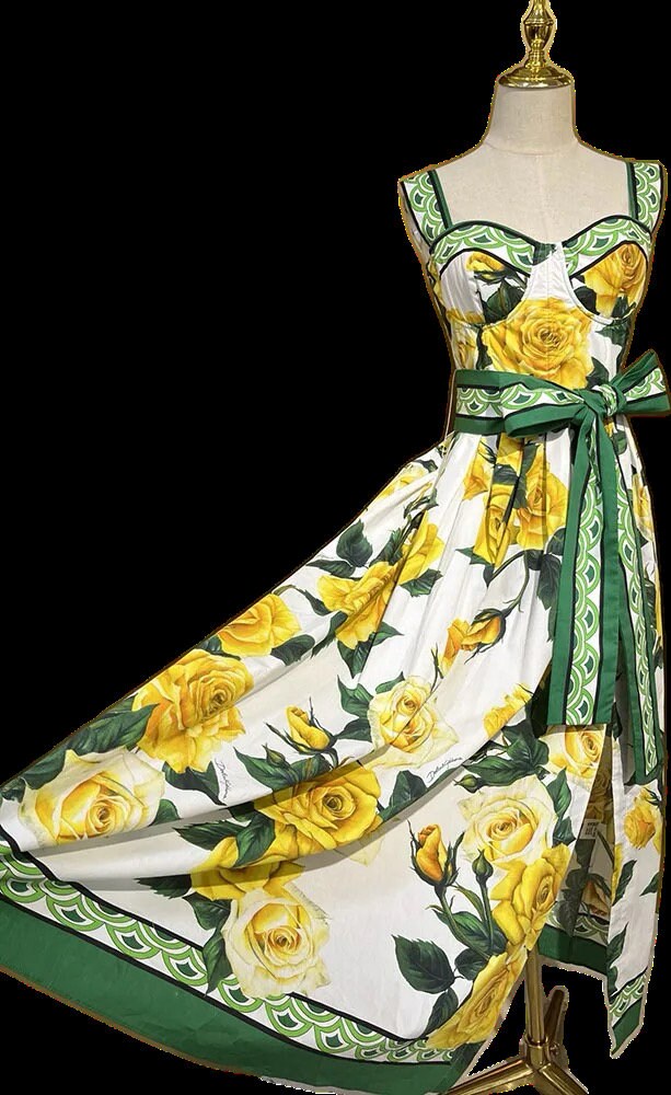 91 SUMMER 2024 Handmade Yellow Roses with Border print sleeveless cotton dress, padded cups, dolce vita dress, runway dress