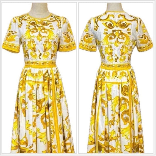 80 Handmade Italian designer Majolica print short sleeve cotton dress, yellow / white