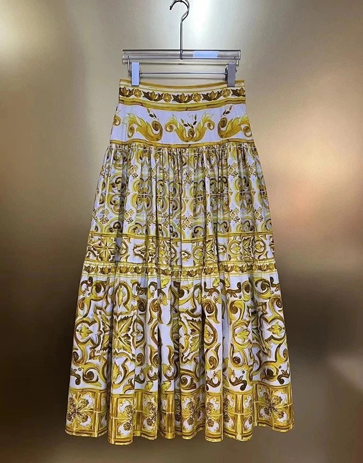 35 Handmade Italian designer Majolica print cotton skirt, yellow