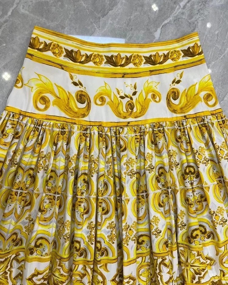 35 Handmade Italian designer Majolica print cotton skirt, yellow