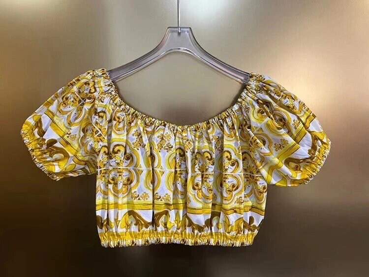 37 Handmade Italian designer Yellow majolica tiles print cotton top