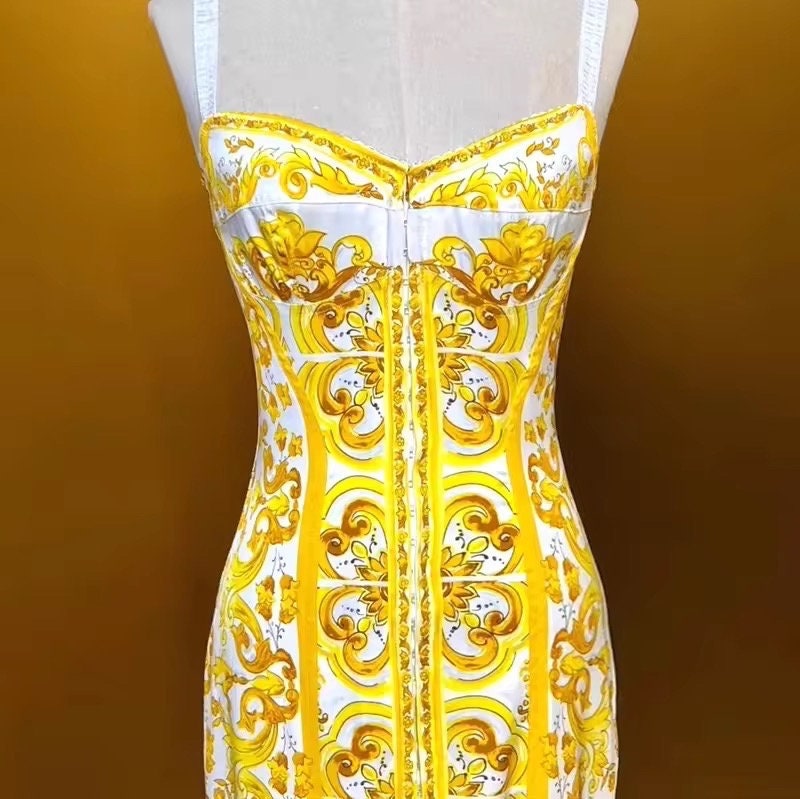 18 SUMMER 2024 Handmade Italian Yellow Majolica tiles silk blend dress, Porcelain Sicilian Dress, Mosaic Dress, Italian Summer Dress, Dolce