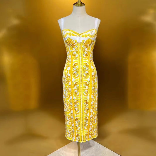 18 SUMMER 2024 Handmade Italian Yellow Majolica tiles silk blend dress, Porcelain Sicilian Dress, Mosaic Dress, Italian Summer Dress, Dolce