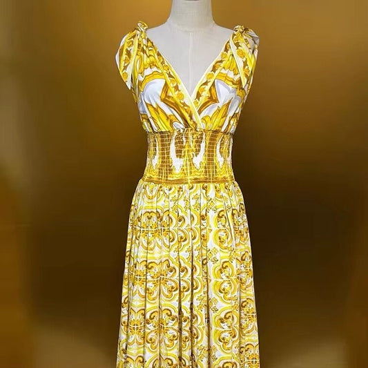 16 Handmade Italian designer Yellow porcelain print full length cotton dress, runway dress, summer dress, dolce vita dress, Sicily dress