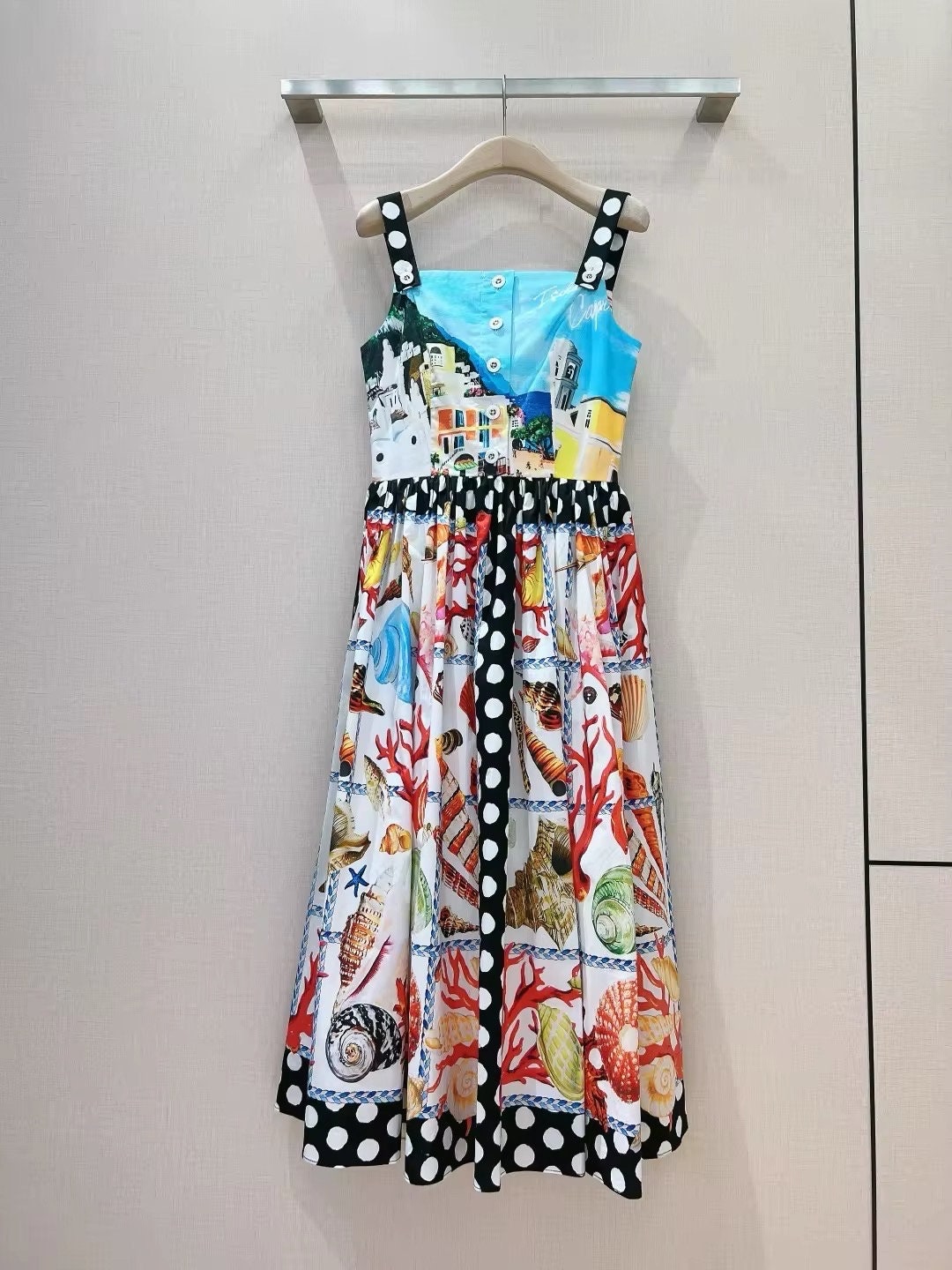 7 SUMMER 2024 Handmade Italian designer Capri Seashells print sleeveless cotton dress, Sicily dress, runway dress