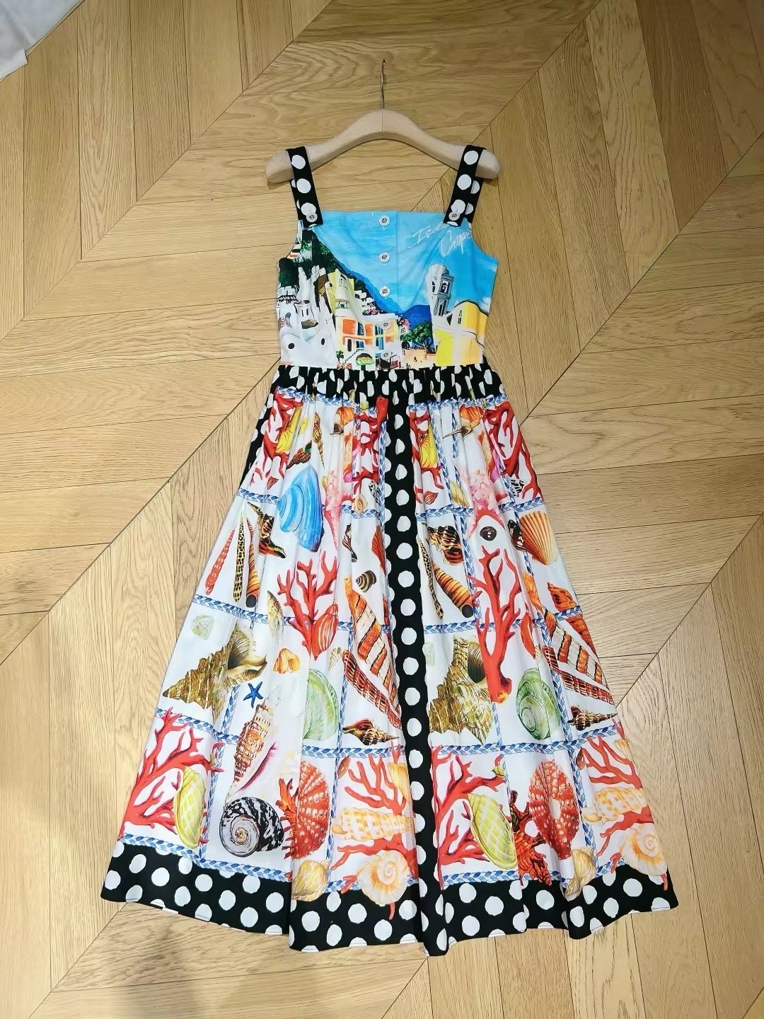 7 SUMMER 2024 Handmade Italian designer Capri Seashells print sleeveless cotton dress, Sicily dress, runway dress