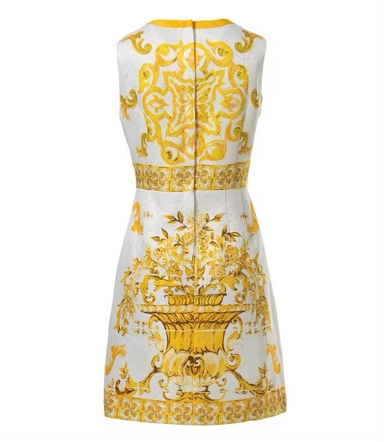 5 Handmade Italian designer Brocade Majolica print sleeveless mini dress, yellow / white