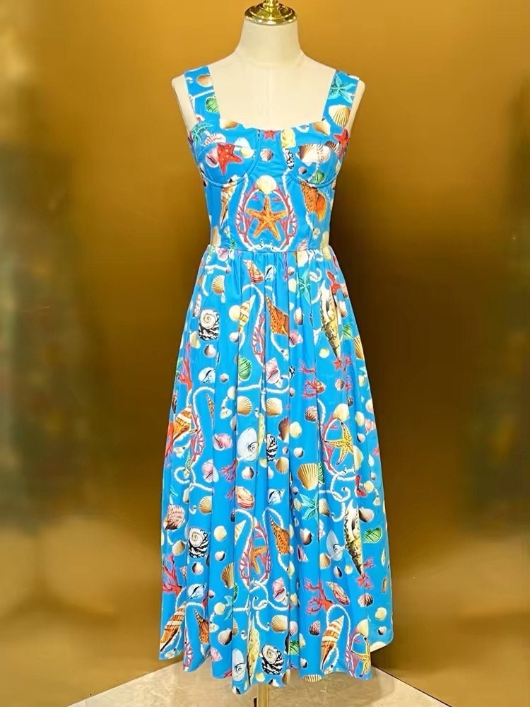 2 LATEST PRINT Handmade Italian designer Frutti di Mare push up 109% cotton dress, dolce vita dress, runway dress