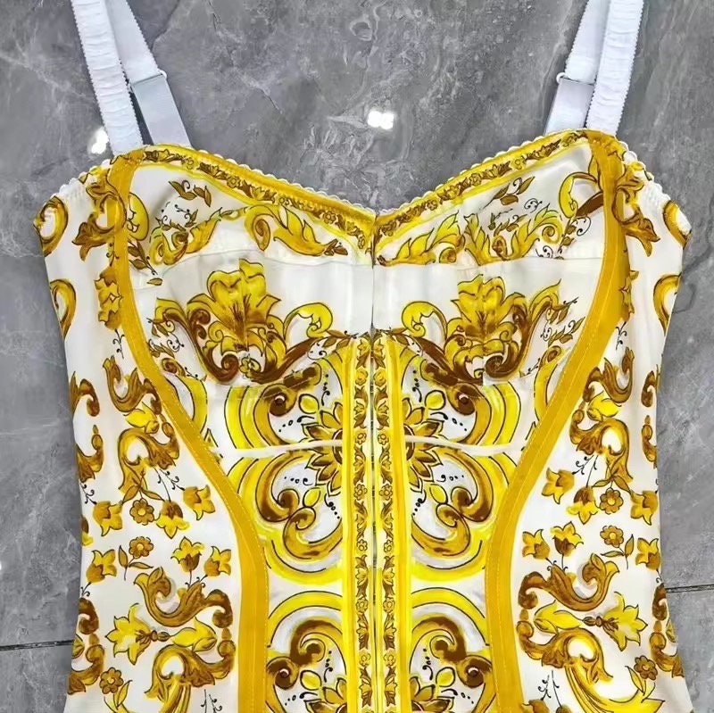 18 SUMMER 2024 Handmade Italian Yellow Majolica tiles silk blend dress, Porcelain Sicilian Dress, Mosaic Dress, Italian Summer Dress, Dolce