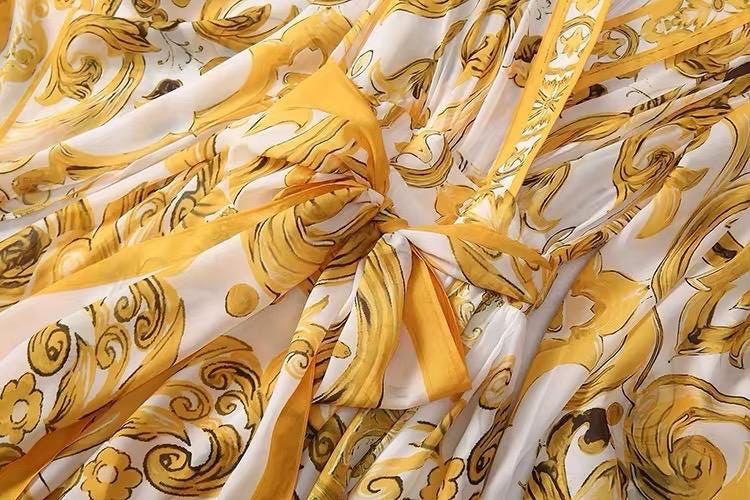 104 Handmade Italian designer YELLOW Majolica print Flared sleeves dress