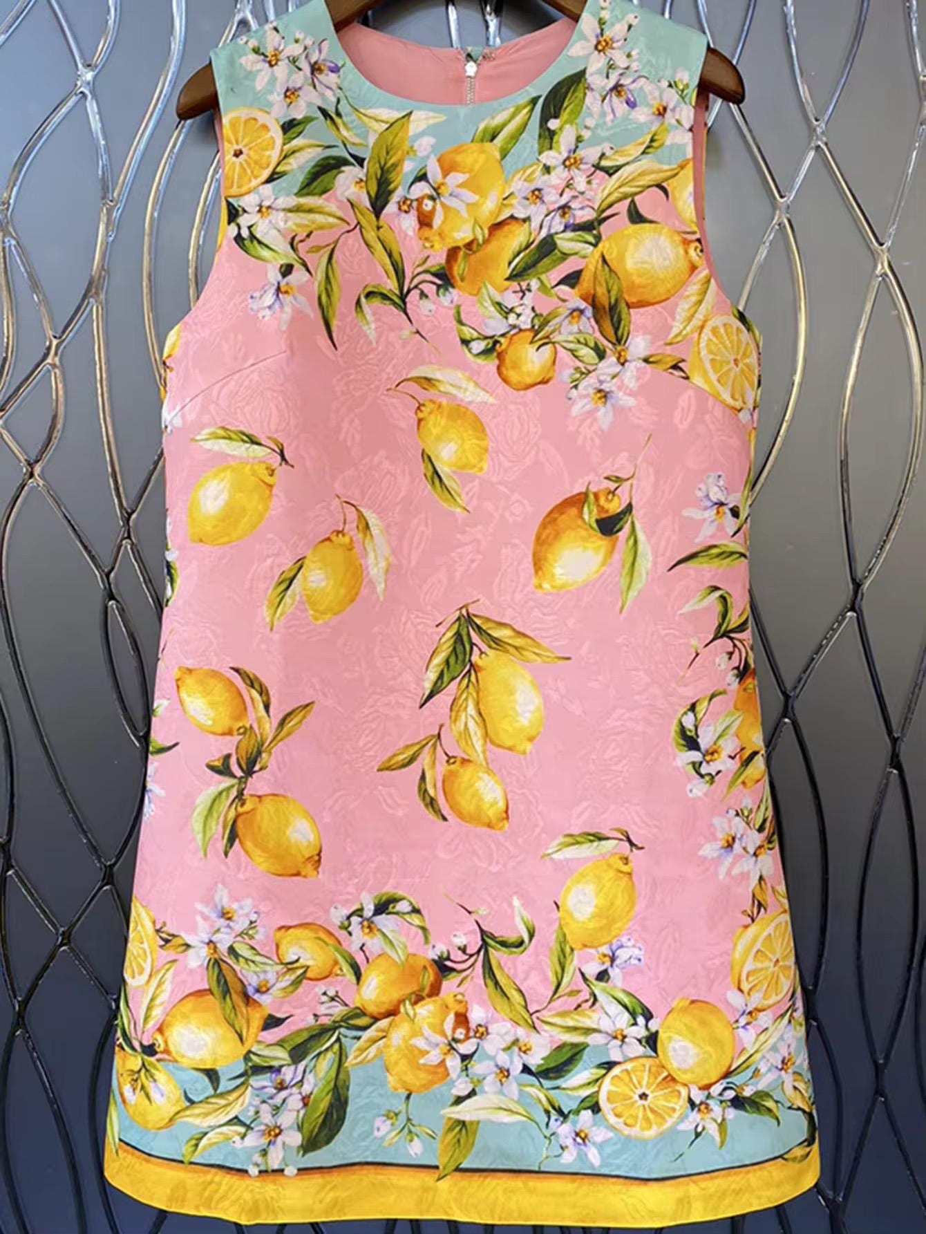 107 Handmade Italian designer Brocade pink Lemons print sleeveless mini dress