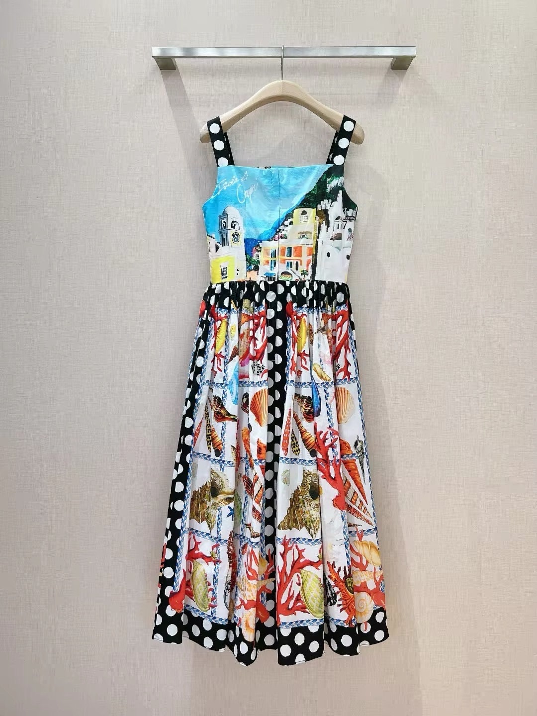 7 SUMMER 2024 Handmade Italian designer Capri Seashells print sleeveless cotton dress, Sicily dress, runway dress