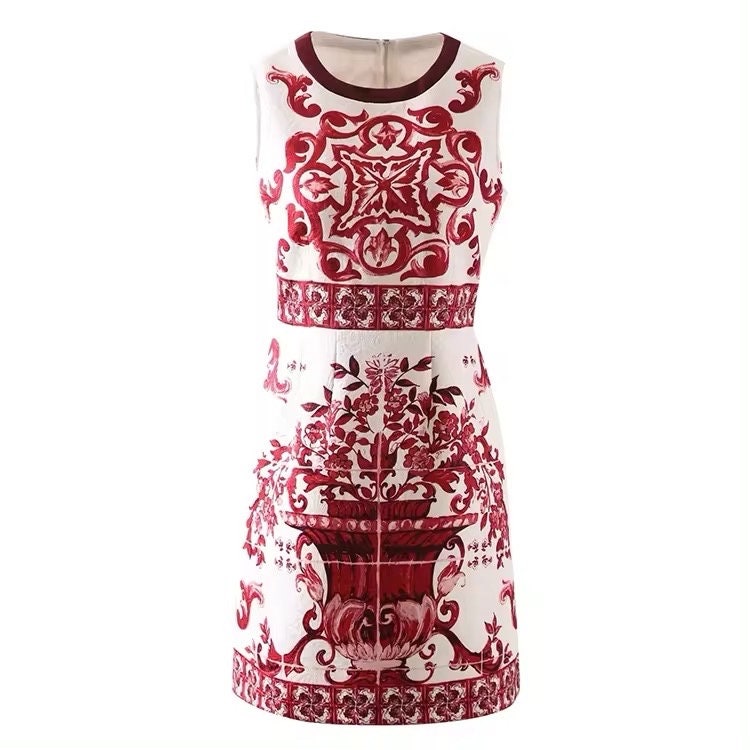 6 Handmade Italian designer Brocade Majolica print sleeveless mini dress, red / white