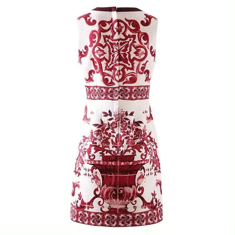 6 Handmade Italian designer Brocade Majolica print sleeveless mini dress, red / white