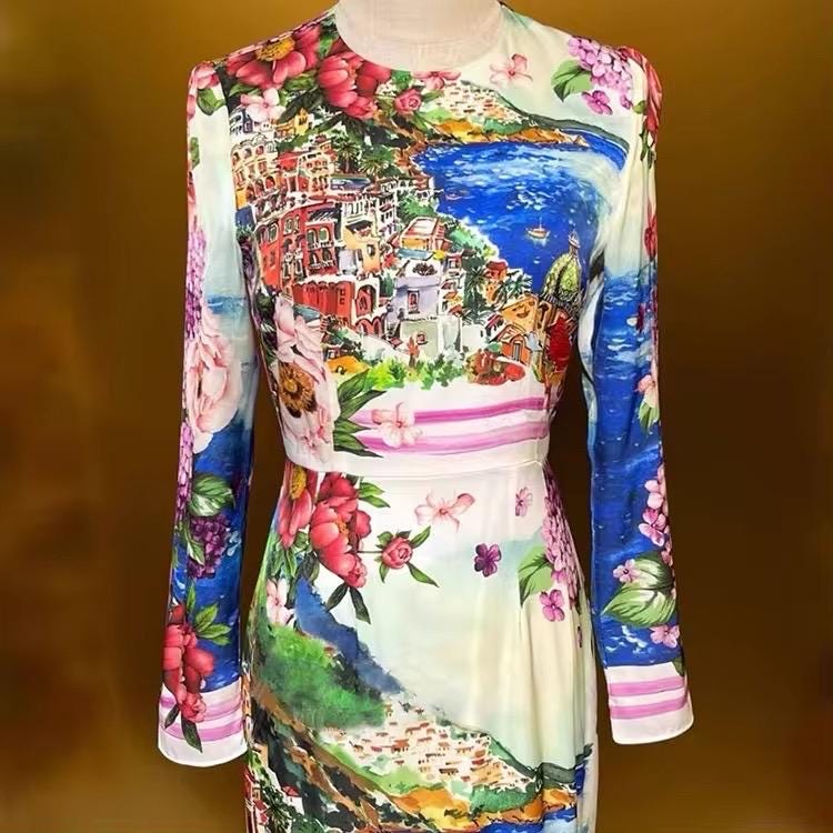 109 Handmade PURE SILK POSITANO Print long sleeve dress, Italian Summer Dress, Dolce Vita, Wedding dress