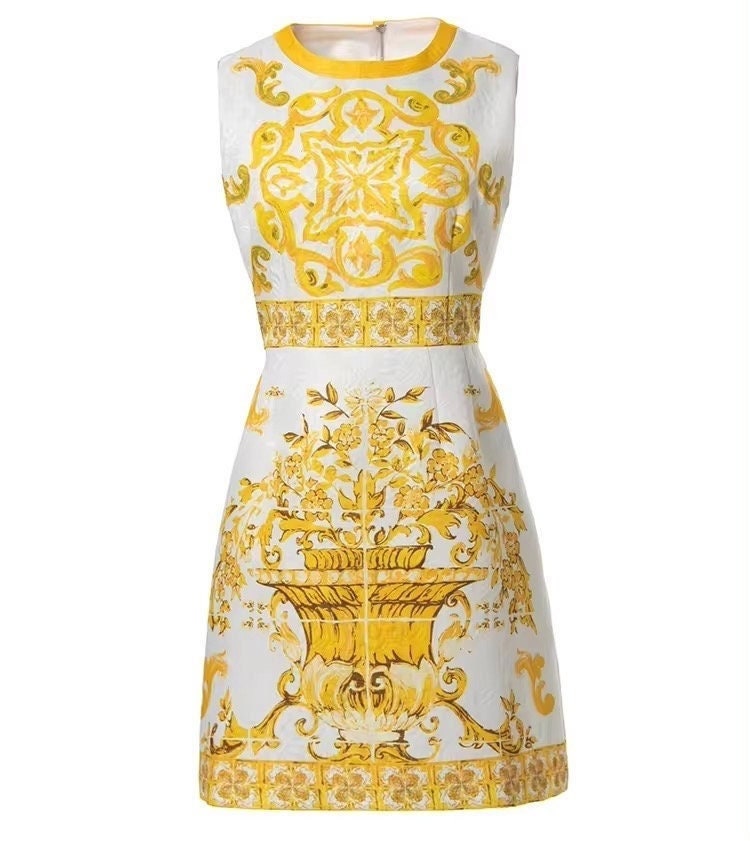 5 Handmade Italian designer Brocade Majolica print sleeveless mini dress, yellow / white