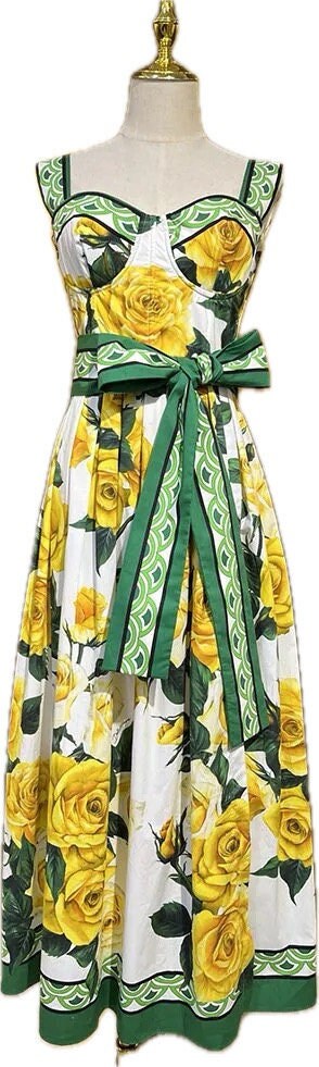 91 SUMMER 2024 Handmade Yellow Roses with Border print sleeveless cotton dress, padded cups, dolce vita dress, runway dress