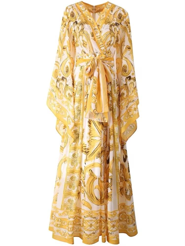 104 Handmade Italian designer YELLOW Majolica print Flared sleeves dress