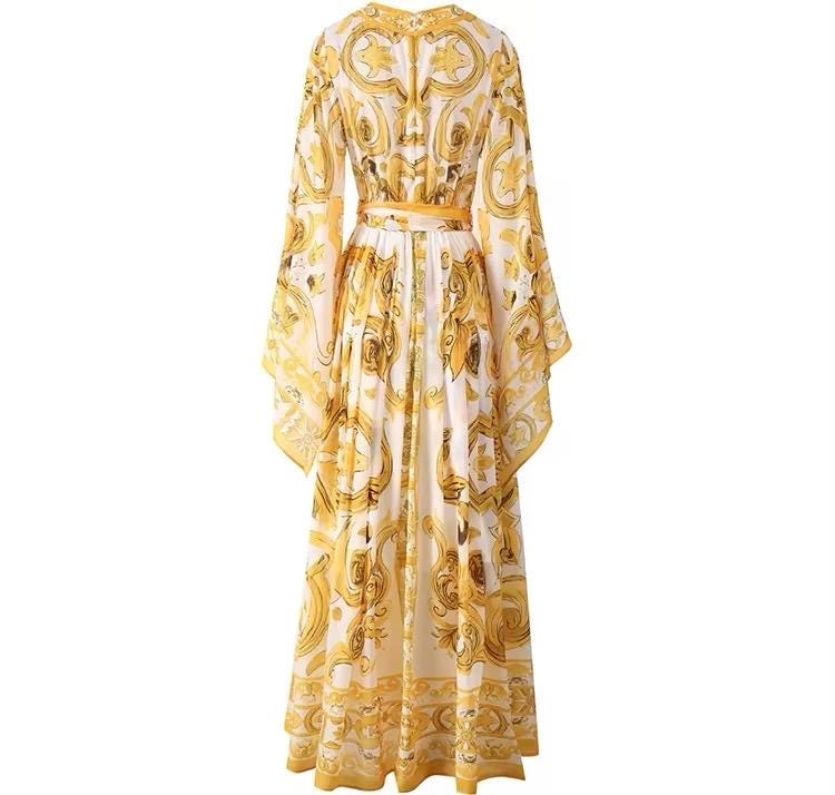 104 Handmade Italian designer YELLOW Majolica print Flared sleeves dress