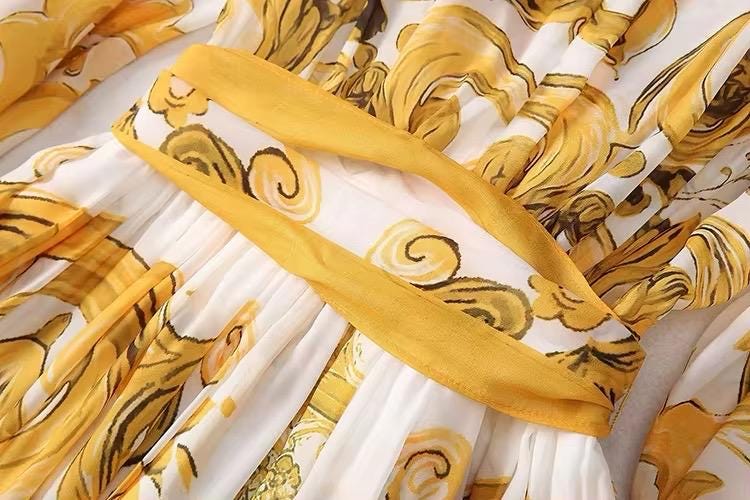 104 Handmade Italian designer YELLOW Majolica print Flared sleeves dress