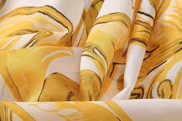 104 Handmade Italian designer YELLOW Majolica print Flared sleeves dress