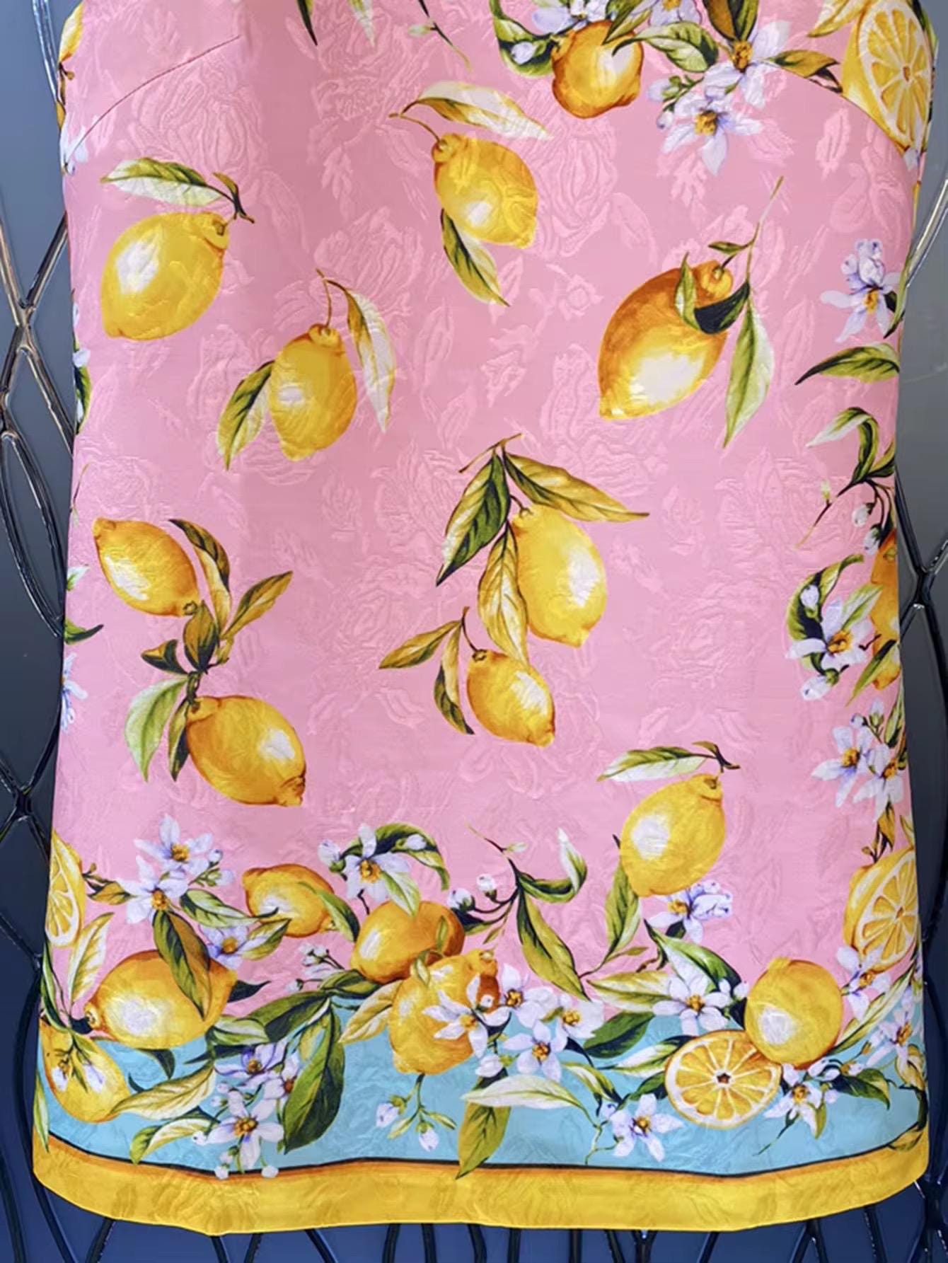 107 Handmade Italian designer Brocade pink Lemons print sleeveless mini dress