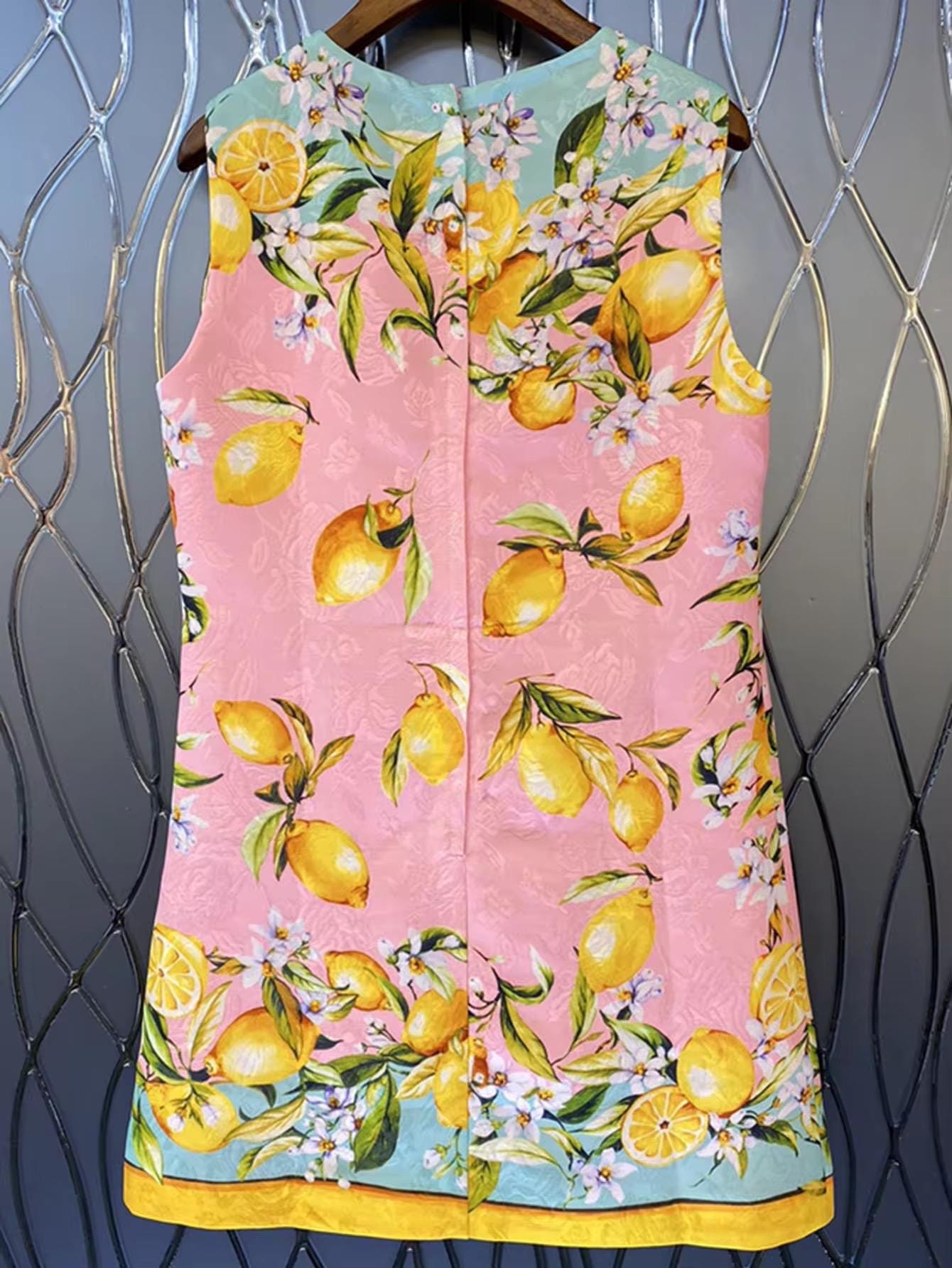 107 Handmade Italian designer Brocade pink Lemons print sleeveless mini dress