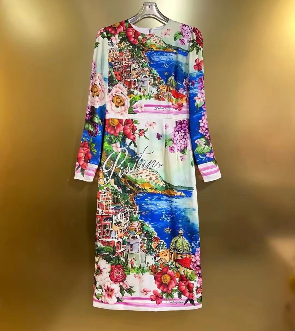 109 Handmade PURE SILK POSITANO Print long sleeve dress, Italian Summer Dress, Dolce Vita, Wedding dress