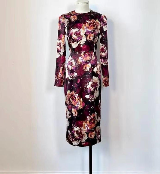 Fall Winter 2024 Burgundy Floral Print long sleeve dress, Pure Silk Handmade Dress, Dolce Vita dress, Wedding guest, party dress