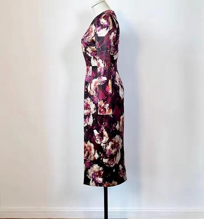 Fall Winter 2024 Burgundy Floral Print long sleeve dress, Pure Silk Handmade Dress, Dolce Vita dress, Wedding guest, party dress