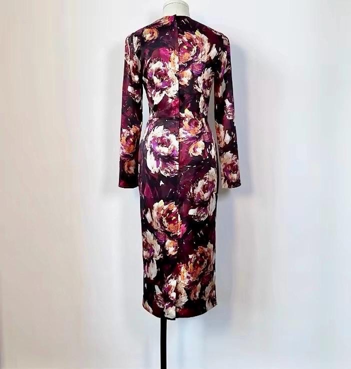 Fall Winter 2024 Burgundy Floral Print long sleeve dress, Pure Silk Handmade Dress, Dolce Vita dress, Wedding guest, party dress