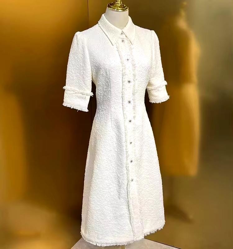 Handmade White Tweed Button Front Dress, runway dress, party dress, Christmas