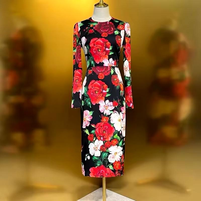 Handmade Italian Silk long sleeve midi dress, LATEST CRUISE PRINT Floral Sicilian Dress, Runway Dress, Dolce Vita Style Dress